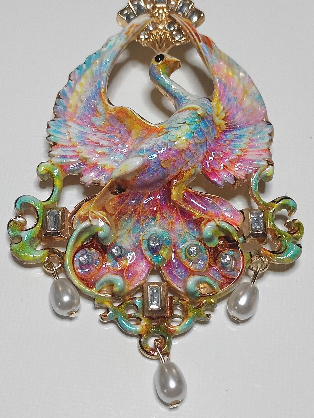 Multicolor Enamel Phoenix Brooch with Pearl Drops